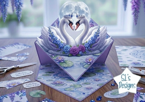 Romantic Swan Couple Pop‑Up Card • Floral Moonlit Lake 3D Craft