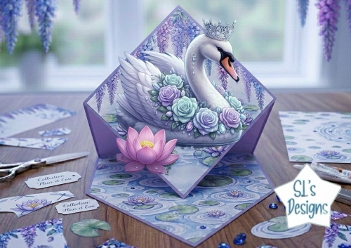 Elegant Swan Pop‑Up Card • Pastel Roses & Water Garden 3D Craft