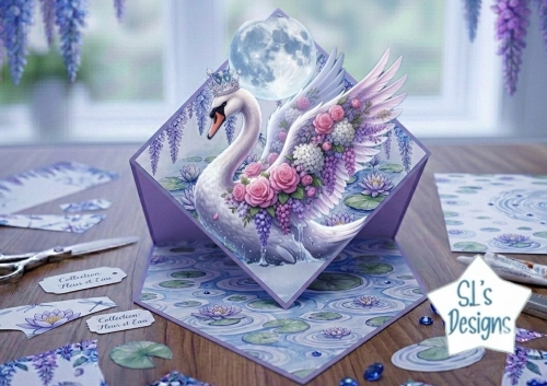 Royal Swan Pop‑Up Card • Moonlit Roses & Water Garden 3D Craft Kit