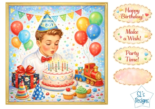  Birthday Party Card Topper – Cute Birthday Boy with Cake and Presents Printable