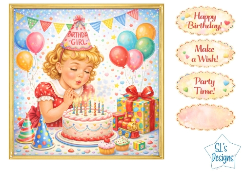 Birthday Party Card Topper – Cute Birthday Girl with Cake and Presents Printable