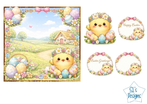 Easter Card Topper – Cute Chick with Eggs and Spring Flowers Printable