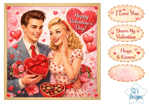 Valentines Day Card Topper – Romantic Vintage Couple with Roses Printable
