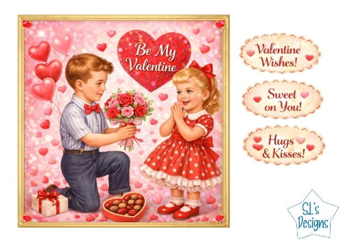 Valentines Day Card Topper – Cute Vintage Boy and Girl with Roses Printable
