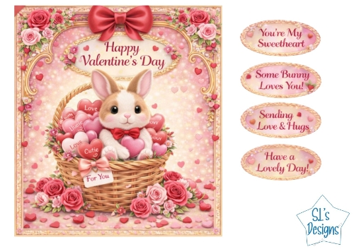 Valentines Day Card Topper – Cute Bunny in Basket with Hearts Printable