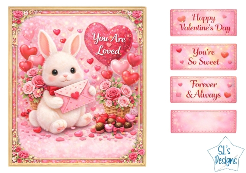Valentines Day Card Topper – Cute Bunny with Pink Envelope and Roses Printable
