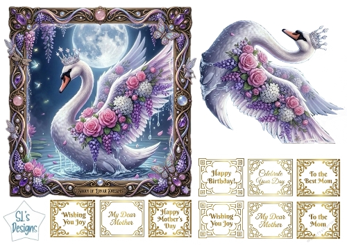 Swan of Lunar Dreams – Elegant Floral Moonlit Card Topper for Mothers & Birthdays