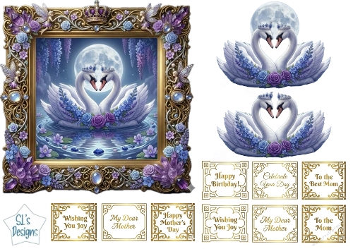 Moonlit Royal Swans – Luxury Floral Card Topper for Mothers Day & Birthdays