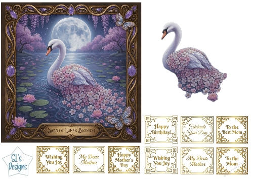 Swan of Lunar Blossom – Luxury Moonlit Floral Swan Card Topper for Mothers Day & Birthdays