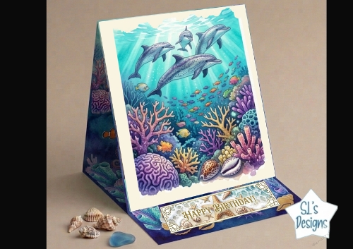Dolphins Underwater Birthday Card with Colorful Coral Reef and Tropical Fish
