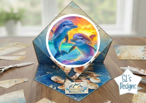 Dreaming of Dolphins Pop‑Up Card with Sunset Ocean Scene