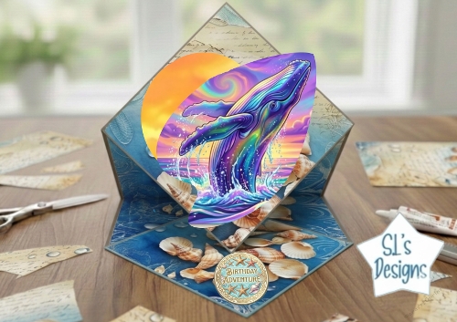 Whale Birthday Adventure Pop‑Up Card with Vibrant Sunset Ocean Scene