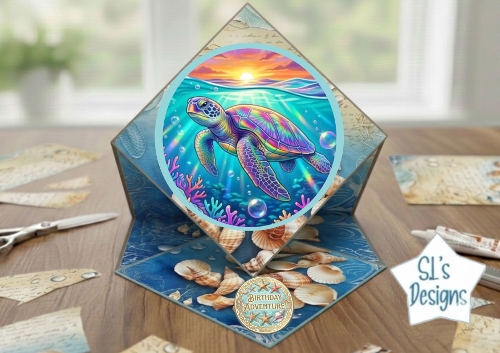 Sea Turtle Birthday Adventure Pop‑Up Card with Sunset Ocean Scene