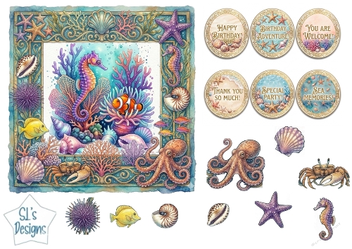 Underwater Sea Creatures Cardmaking Sheet with Coral Frame and Ocean Sentiment Badges