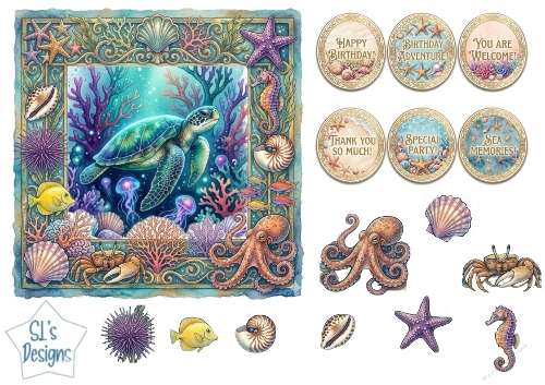 Sea Turtle Underwater Cardmaking Sheet with Coral Frame, Ocean Creatures and Sentiment Badges
