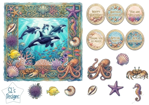 Orca Family Underwater Cardmaking Sheet with Coral Frame, Sea Creatures and Sentiment Badges