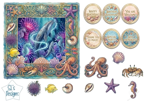 Whales Underwater Cardmaking Sheet with Coral Frame, Sea Creatures and Ocean Sentiment Badges