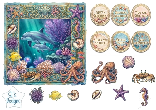 Dolphins Underwater Cardmaking Sheet with Coral Frame, Sea Creatures and Ocean Sentiment Badges