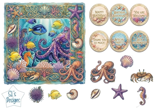 Octopus Underwater Cardmaking Sheet with Coral Frame, Sea Creatures and Ocean Sentiment Badges