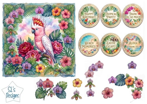 Tropical Pink Cockatoo Card Front with Floral Elements & Matching Sentiment Labels