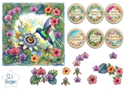 Tropical Hummingbird Card Front with Passionflower & Matching Sentiment Labels