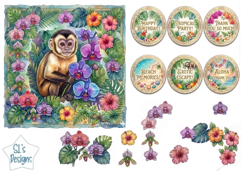 Tropical Monkey Card Front with Orchids, Hibiscus & Matching Sentiment Labels