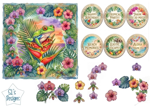 Tropical Frog Card Front with Heliconia, Orchids & Sentiment Labels