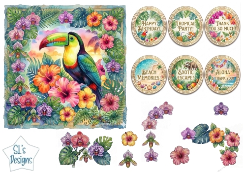 Tropical Toucan Card Front with Hibiscus, Orchids & Sentiment Labels