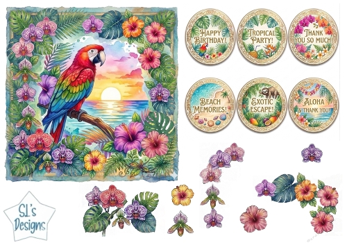 Tropical Parrot Card Front with Sunset, Hibiscus, Orchids & Sentiment Labels