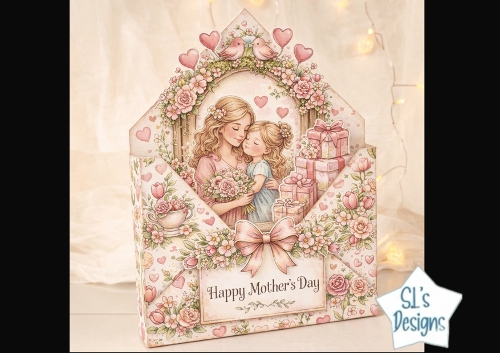 Mothers Day Envelope Card with Mother and Daughter, Floral & Gift Theme