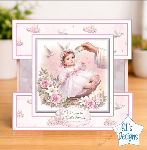 Baby Girl Baptism Card Front – Pink Floral Christening Design with Dove, Candles & Holy Water