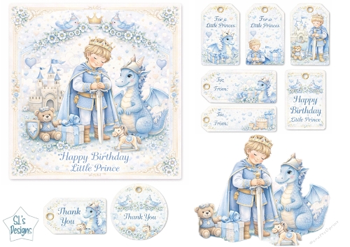 Little Prince Birthday Card & Gift Tag Set with Dragon and Castle
