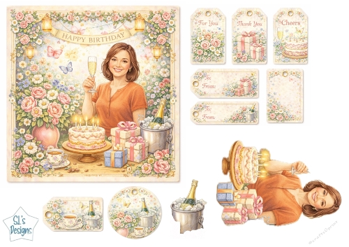 Elegant Birthday Card & Gift Tag Set with Champagne, Flowers and Presents