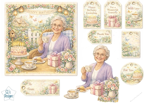 Grandma Birthday Card & Gift Tag Set with Tea, Flowers and Cottage Garden
