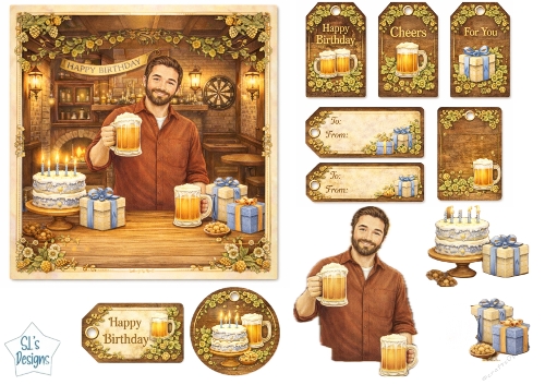 Rustic Pub Birthday Card & Gift Tag Set with Beer, Cake and Presents