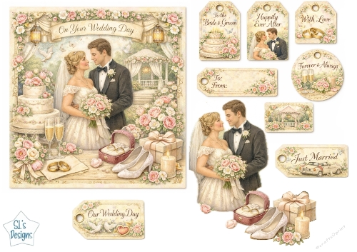 Romantic Wedding Day Card & Gift Tag Set with Bride, Groom and Floral Details