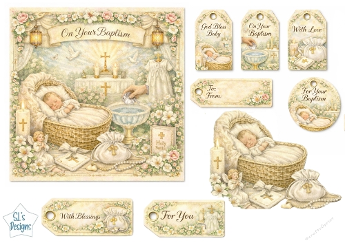 Baby Baptism Card & Gift Tag Set with Bassinet, Cross and Floral Details