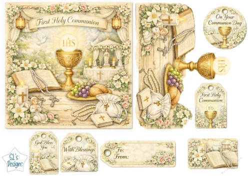 First Holy Communion Card & Gift Tag Set with Chalice, Bible and Floral Details