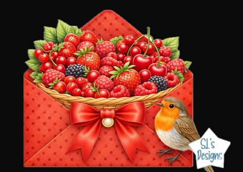 Berry Envelope with Bow and Bird – Fresh Fruit Clipart for Cards & Crafts