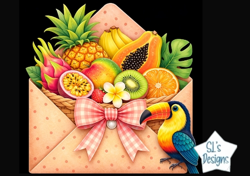 Tropical Fruit Envelope with Toucan – Summer Clipart for Cards & Crafts