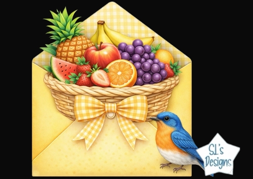 Fruit Basket Envelope with Yellow Bow – Fresh Summer Clipart for Cards & Crafts