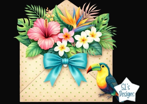 Tropical Flower Envelope with Turquoise Bow and Toucan – Summer Clipart for Cards & Crafts