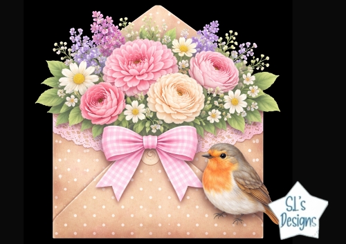 Floral Envelope with Roses and Pink Bow – Elegant Spring Clipart for Cards & Crafts