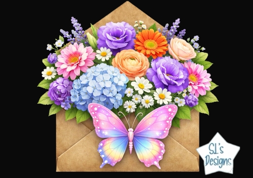 Floral Envelope with Colorful Butterfly – Bright Spring Clipart for Cards & Crafts