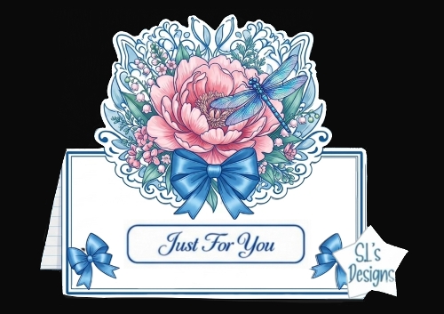 Elegant Floral Peony & Dragonfly Just For You Card Front with Blue Bow