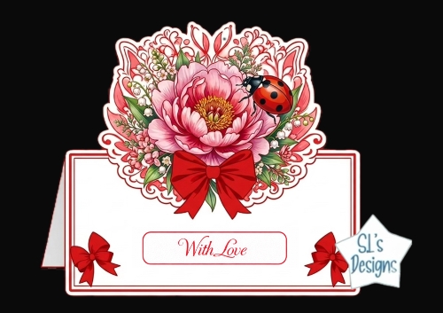 Romantic Peony & Ladybug With Love Card Front with Red Bow