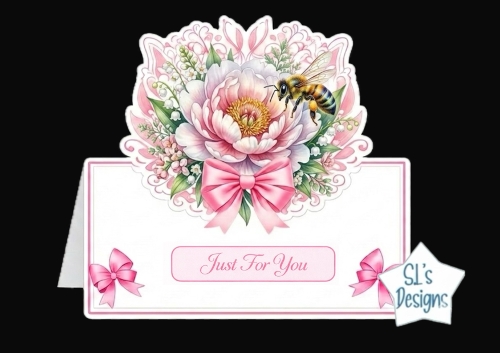 Elegant Peony & Bee Just For You Card Front with Pink Bow