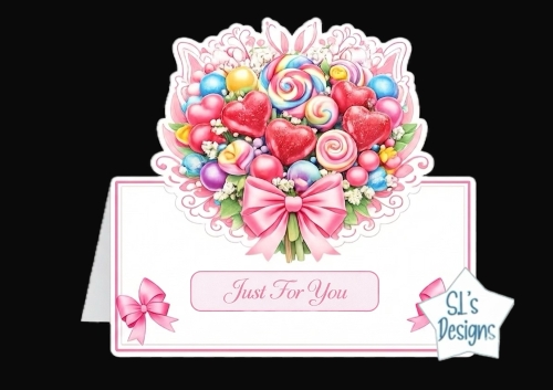 Colorful Candy Heart Bouquet Just For You Card Front with Pink Bow