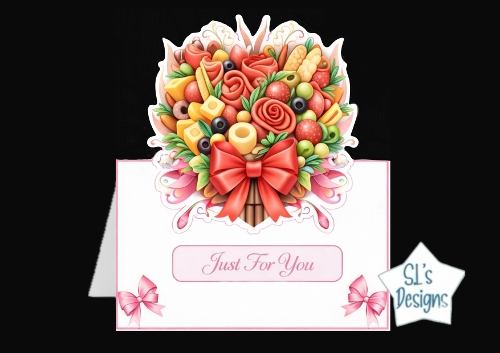 Gourmet Food Bouquet Just For You Card Front with Red Ribbon