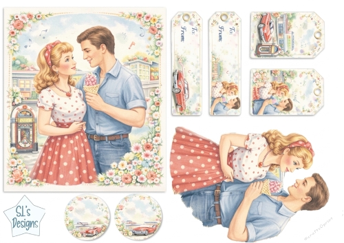 Retro 1950s Couple Birthday Card & Tags – Vintage Romance Printable Kit